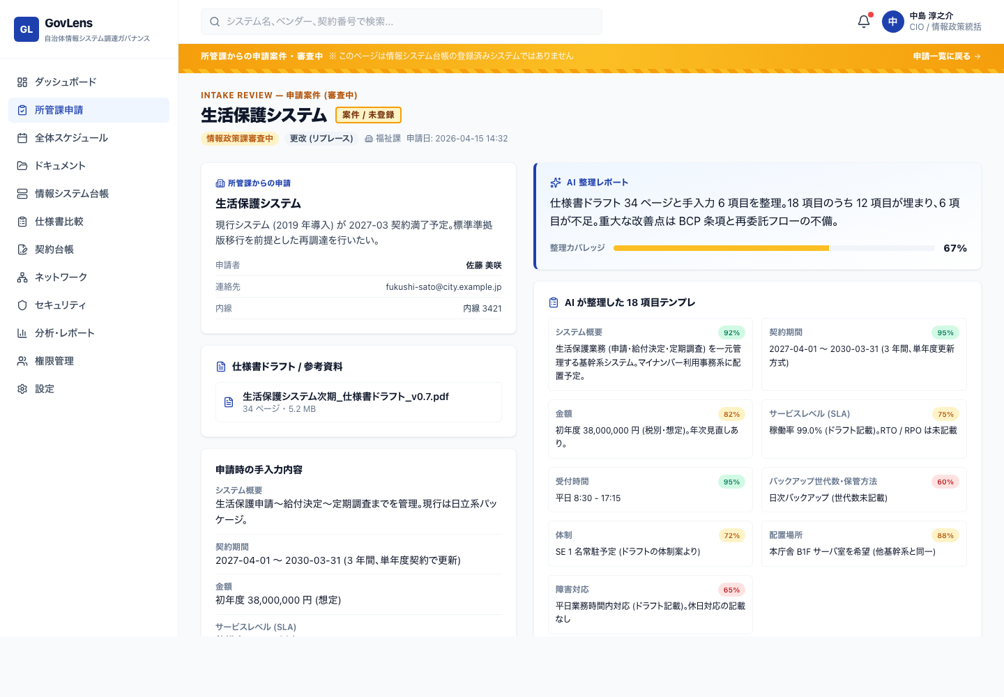 所管課申請の審査画面