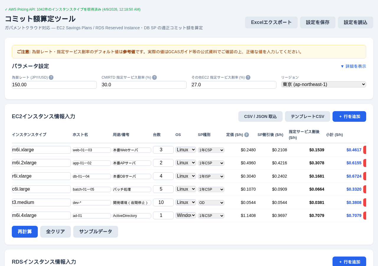 【無料公開】ガバメントクラウド Savings Plansコミット額算定ツール